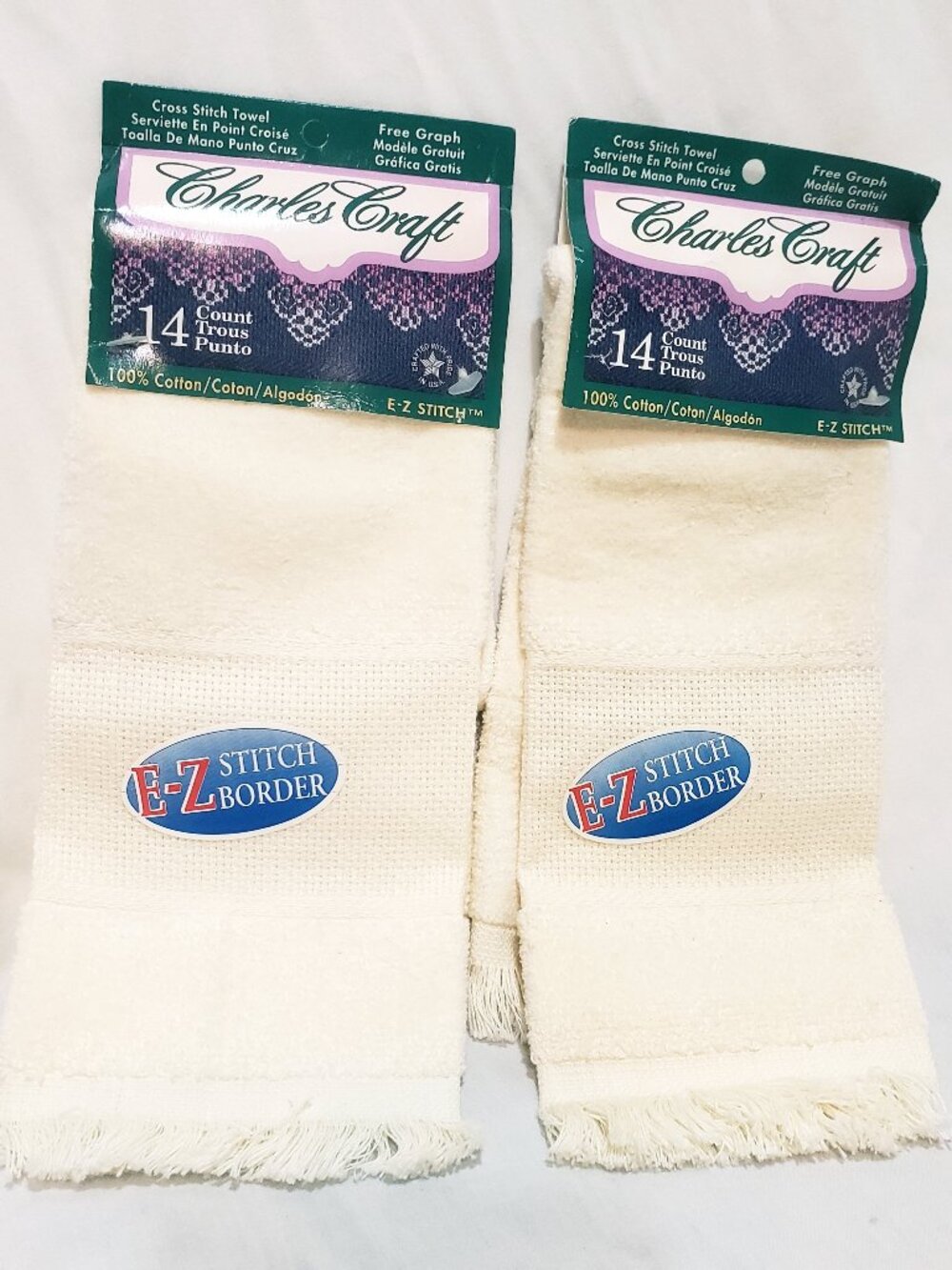 Two Ecru Cream Fingertip Towel 14 Count Border Cross Stitch Towels Charles Craft